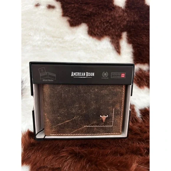 American Bison Mens Genuine Leather RFID Bifold Wallet Distressed Brown - Picture 2 of 4